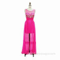 Glamorous Style Beaded Chest Open Back Pink Color Sleeveless Side Slit Chiffon Evening Prom Dress